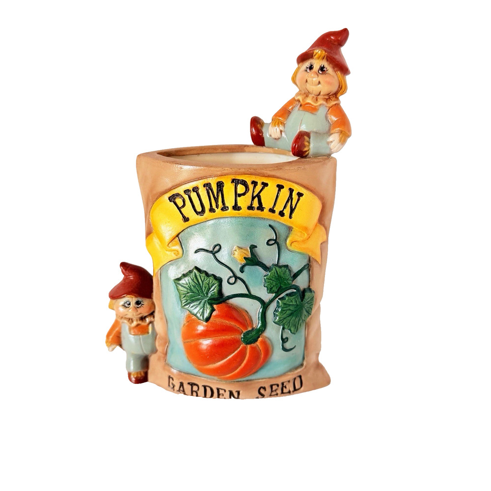 Vintage Pumpkin Garden Seed Scarecrow Halloween Planter Vase Decor Hand Painted
